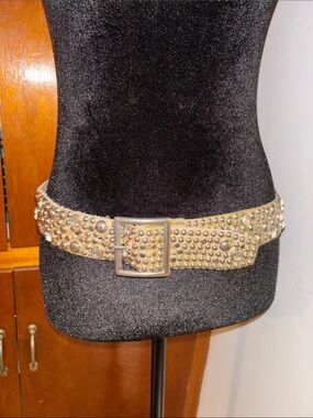 Studded Metallic Gold Wide Leather Belt with Square Buckle Rhinestones SZ 32